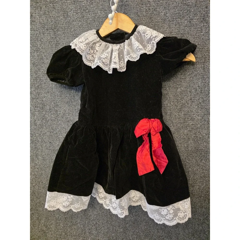 Vtg Jo Lene Dress Girls 4T Black Velvet Lace Collar Puff Sleeve‎ Party USA